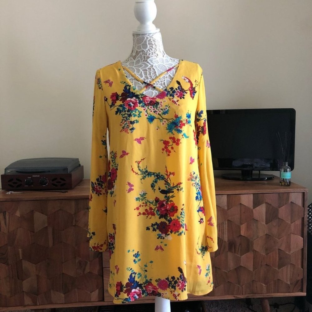 Yellow floral shift dress long sleeve
